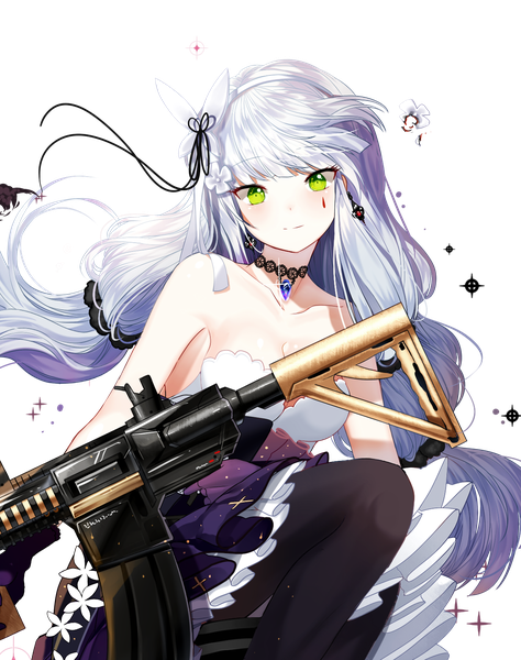 Anime picture 1233x1560 with girls frontline hk416 (girls frontline) hk416 (starry cocoon) (girls frontline) lepoule single long hair tall image looking at viewer blush fringe breasts large breasts sitting twintails bare shoulders holding green eyes cleavage silver hair upper body