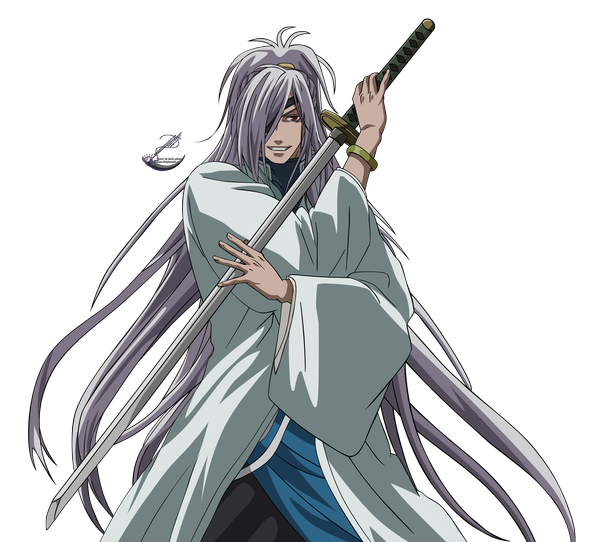 Anime picture 7113x6426 with brave 10 date masamune (brave 10) headstro single long hair highres smile brown eyes signed absurdres grey hair transparent background vector boy weapon sword bracelet katana eyepatch