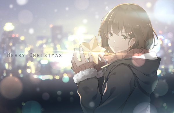 Anime picture 2756x1804 with original kiyo (chaoschyan) single looking at viewer highres short hair brown hair brown eyes upper body blurry christmas city lights merry christmas girl jacket hairclip star (symbol)