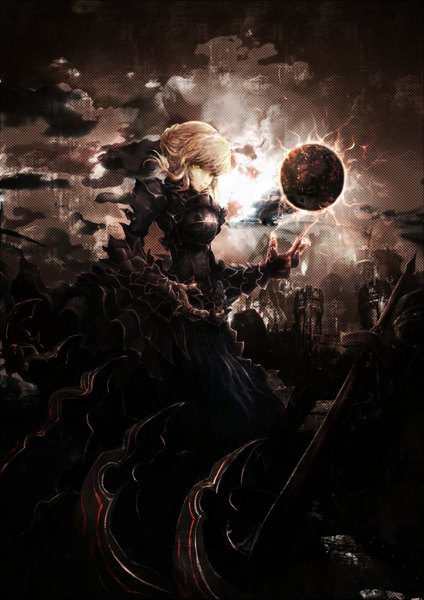Anime picture 1200x1697 with fate (series) fate/stay night studio deen type-moon artoria pendragon (all) saber saber alter usamax single tall image short hair blonde hair yellow eyes magic girl dress weapon sword armor armored dress