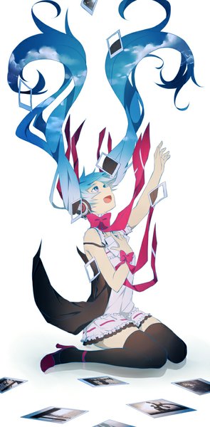 Anime picture 492x1000 with vocaloid monochro blue sky (vocaloid) hatsune miku akami fumio single long hair tall image fringe open mouth blue eyes simple background white background twintails blue hair multicolored hair high heels zettai ryouiki sleeveless outstretched arm gradient hair