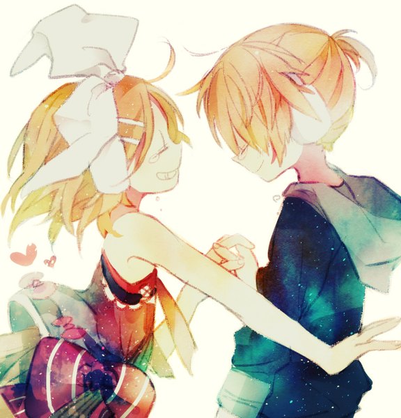 Anime picture 1300x1352 with vocaloid kagamine rin kagamine len fuyusuke tall image short hair simple background blonde hair smile bare shoulders ponytail eyes closed profile tears outstretched arm holding hands twins brother and sister happy tears girl