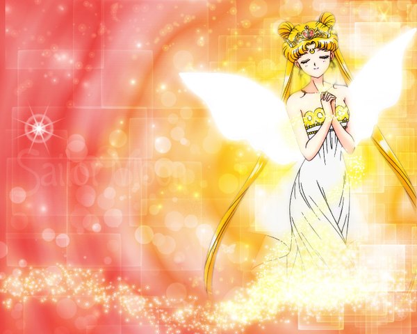 Anime picture 1280x1024 with bishoujo senshi sailor moon toei animation tsukino usagi neo queen serenity single blonde hair smile twintails bare shoulders eyes closed very long hair wallpaper third-party edit girl dress wings white dress tiara