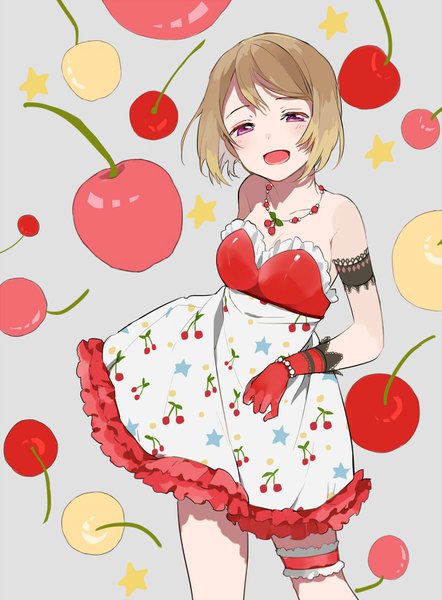 Anime picture 626x850 with love live! school idol project sunrise (studio) love live! koizumi hanayo lowe (slow) single tall image looking at viewer short hair open mouth brown hair purple eyes bare shoulders :d from above grey background frilled dress food print cherry print girl