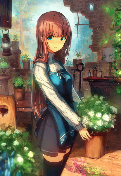 Anime picture 615x890 with original yoshitake single long hair tall image looking at viewer blush blue eyes brown hair standing holding zettai ryouiki ruins girl thighhighs skirt flower (flowers) black thighhighs plant (plants) miniskirt