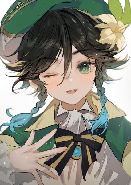 Anime picture 903x1272 with genshin impact venti (genshin impact) zishengtian123 single tall image looking at viewer short hair open mouth black hair simple background white background green eyes upper body braid (braids) one eye closed wink twin braids ;d boy beret