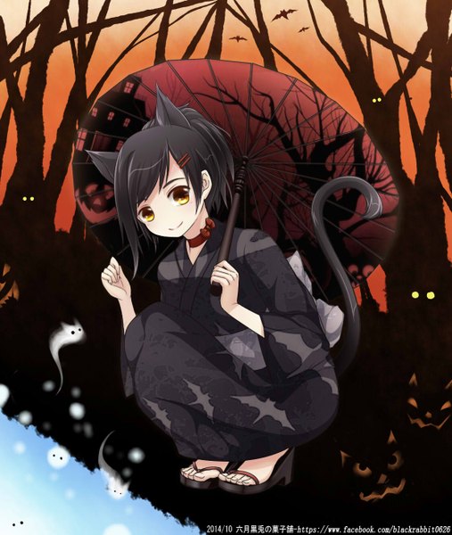 Anime picture 1122x1328 with original blackrabbit0626 single tall image blush short hair black hair smile animal ears yellow eyes tail traditional clothes japanese clothes animal tail cat ears cat girl cat tail girl hair ornament kimono