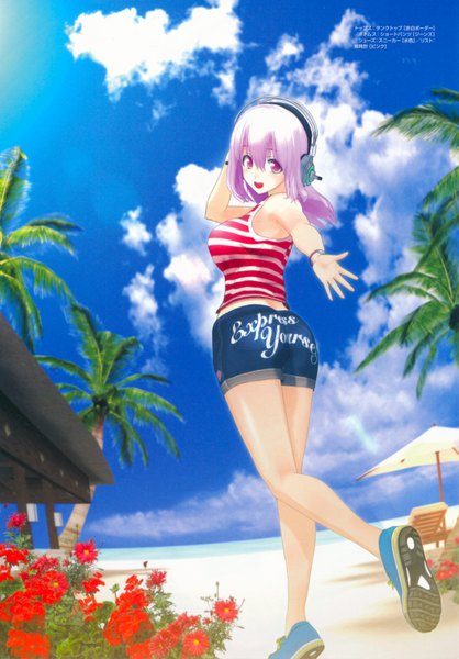 Anime picture 2437x3496 with nitroplus super sonico tsuji santa single long hair tall image highres open mouth bare shoulders pink hair sky pink eyes scan legs beach girl flower (flowers) shorts headphones sea