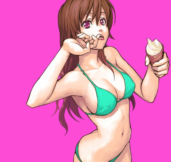 Anime picture 1001x950 with yuuji (and) single long hair breasts light erotic simple background brown hair large breasts pink eyes pink background girl navel swimsuit bikini tongue