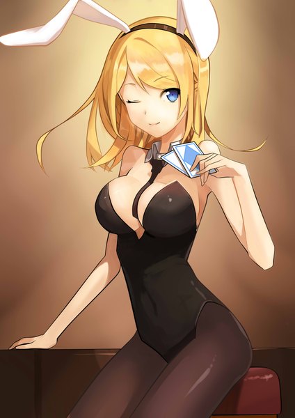 Anime picture 2480x3507 with sword girls nitline single tall image highres short hair breasts blue eyes light erotic blonde hair one eye closed wink bunny ears girl bunnysuit card (cards)