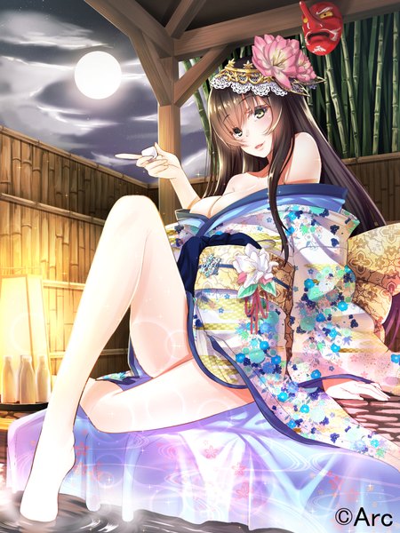 Anime picture 1440x1920 with original beniimo danshaku single long hair tall image breasts open mouth light erotic black hair brown eyes cleavage traditional clothes japanese clothes hair flower girl hair ornament flower (flowers) kimono moon mask
