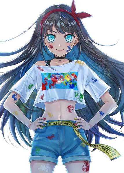 Anime picture 2591x3624 with original kuroneko w1nter single long hair tall image looking at viewer blush fringe highres breasts blue eyes black hair simple background smile standing white background payot nail polish fingernails off shoulder