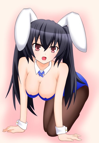 Anime picture 1400x2007 with choujigen game neptune noire tamaki (tamaki pic) single long hair tall image breasts open mouth light erotic black hair red eyes twintails bunny ears girl bunnysuit