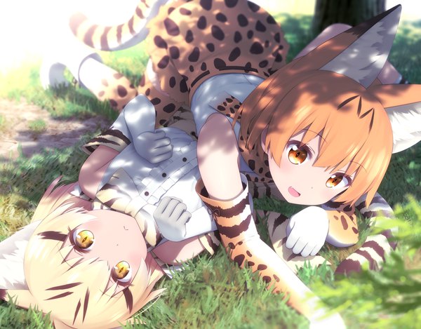 Anime picture 2300x1800 with kemono friends serval (kemono friends) sand cat (kemono friends) haribote (tarao) looking at viewer blush fringe highres short hair open mouth blonde hair smile hair between eyes multiple girls animal ears yellow eyes outdoors tail lying :d