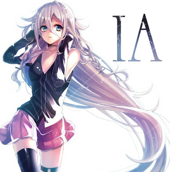 Anime picture 790x800 with vocaloid ia (vocaloid) ume neko (otaku-nyanko) single tall image simple background white background bare shoulders looking away silver hair braid (braids) very long hair pleated skirt aqua eyes character names twin braids arms behind head girl thighhighs skirt