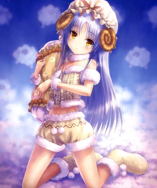 Anime picture 2090x2511 with angel beats! key (studio) tachibana kanade goto p single long hair tall image looking at viewer highres bare shoulders yellow eyes white hair horn (horns) scan official art girl pillow bonnet