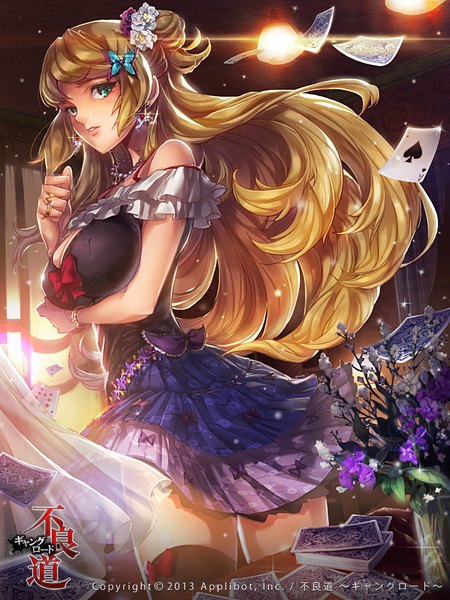 Anime picture 720x960 with furyou michi ~gang road~ wooju single long hair tall image looking at viewer blonde hair bare shoulders green eyes hair flower girl thighhighs dress hair ornament flower (flowers) black thighhighs earrings card (cards)