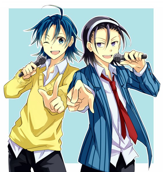 Anime picture 1020x1080 with yowamushi pedal toudou jinpachi sangaku manami tm-pika tall image short hair open mouth blue eyes black hair simple background purple eyes blue hair ahoge one eye closed wink multiple boys blue background pointing singing pointing at viewer