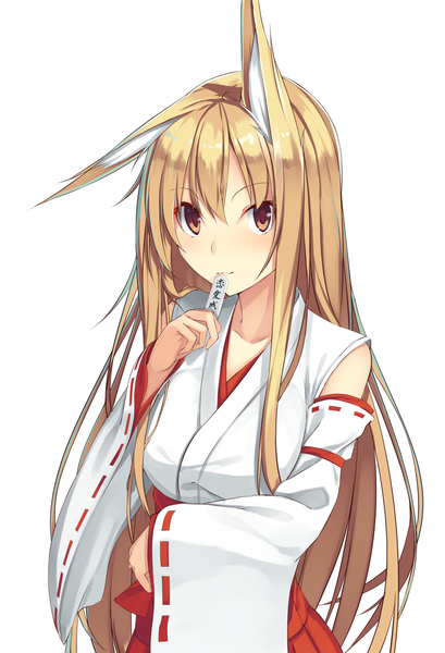 Anime picture 851x1248 with original karakura0 single long hair tall image blush fringe simple background blonde hair white background animal ears traditional clothes japanese clothes orange eyes fox ears miko girl detached sleeves