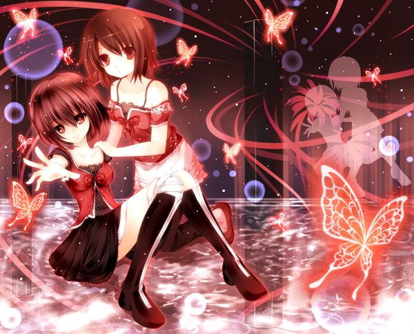 Anime picture 1250x1010 with fatal frame 2 mog (artist) short hair black hair red eyes multiple girls girl dress 2 girls boots insect butterfly bandage (bandages) bubble (bubbles)