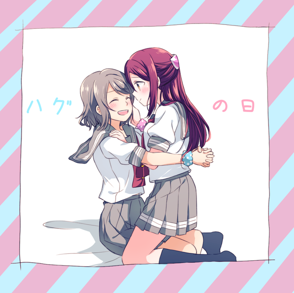 Anime picture 1034x1033 with love live! sunshine!! sunrise (studio) love live! sakurauchi riko watanabe you yuchi (salmon-1000) long hair blush fringe short hair open mouth smile hair between eyes brown hair sitting multiple girls yellow eyes red hair eyes closed pleated skirt