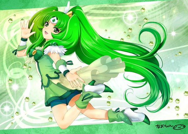 Anime picture 1203x856 with precure smile precure! toei animation midorikawa nao cure march mizuhara aki single long hair open mouth green eyes looking back green hair tears magical girl green background girl dress shoes