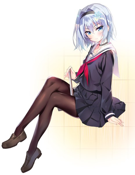 Anime picture 2156x2781 with ryuuou no oshigoto! sora ginko youta single tall image looking at viewer fringe highres short hair blue eyes simple background hair between eyes sitting holding payot blue hair full body long sleeves pleated skirt arm support