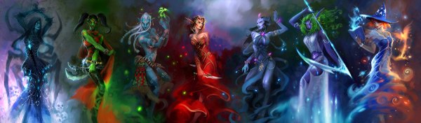 Anime picture 2400x705 with world of warcraft blizzard entertainment blood elf night elf draenei long hair highres blue eyes black hair blonde hair wide image twintails multiple girls green eyes white hair horn (horns) green hair pointy ears orange hair magic