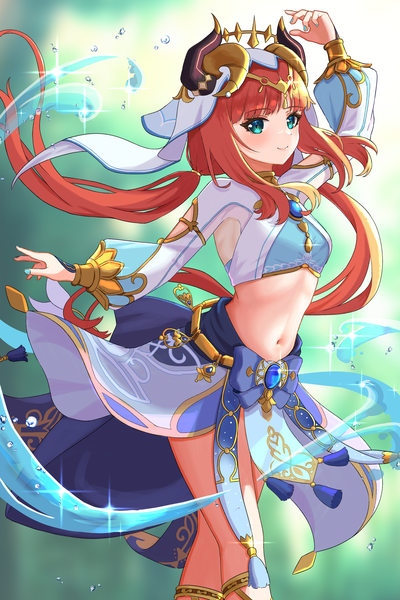 Anime picture 2000x3000 with genshin impact nilou (genshin impact) emobico single long hair tall image blush fringe highres smile twintails looking away red hair blunt bangs long sleeves nail polish arm up horn (horns) aqua eyes sparkle