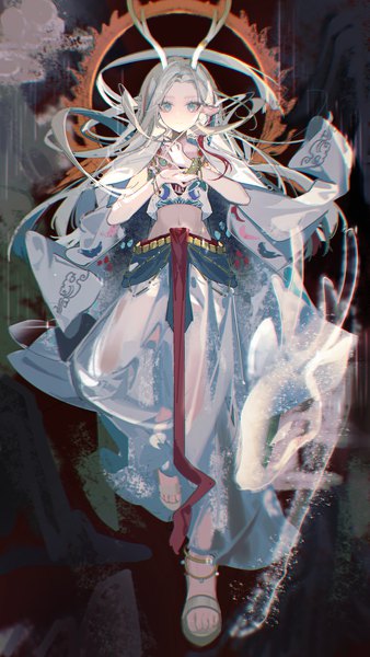 Anime picture 1200x2133 with a deer of nine colors arknights nine-colored deer samo (shichun samo) single long hair tall image looking at viewer blue eyes silver hair full body horn (horns) midriff antlers girl bracelet transparent clothing sandals