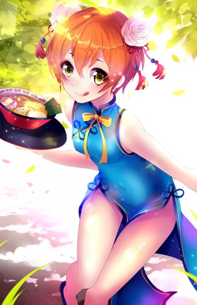 Anime picture 776x1200 with love live! school idol project sunrise (studio) love live! hoshizora rin squchan single tall image blush short hair light erotic smile yellow eyes traditional clothes hair flower orange hair chinese clothes girl hair ornament flower (flowers) food