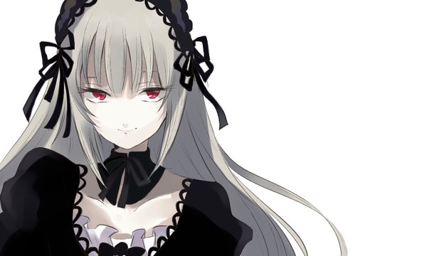 Anime picture 1000x600 with rozen maiden suigintou kayanogura single long hair looking at viewer simple background red eyes wide image white background payot upper body grey hair lolita fashion goth-loli girl detached collar lolita hairband