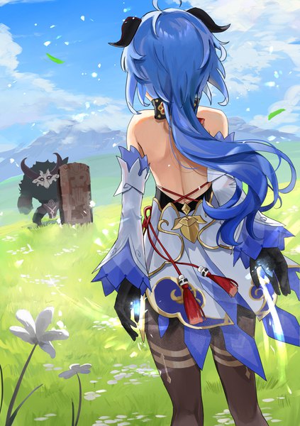 Anime picture 2039x2894 with genshin impact ganyu (genshin impact) hilichurl (genshin impact) mikanoisi long hair tall image highres blue hair sky cloud (clouds) ahoge outdoors horn (horns) from behind back bare back girl gloves detached sleeves pantyhose