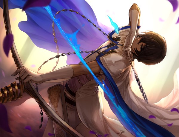 Anime picture 1200x918 with fate (series) fate/grand order arjuna (fate) tenyo0819 single fringe short hair hair between eyes brown hair dark skin covered mouth boy gloves weapon elbow gloves white gloves bow (weapon) arrow (arrows)