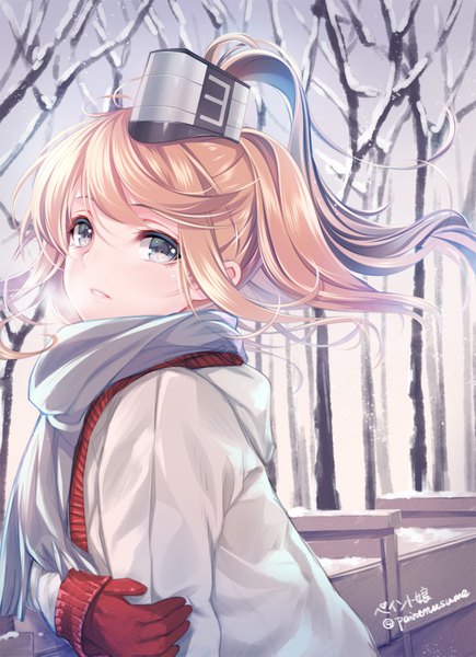 Anime picture 711x980 with kantai collection saratoga (kantai collection) paint musume single long hair tall image looking at viewer blue eyes blonde hair signed ahoge ponytail parted lips head tilt wind alternate costume twitter username winter snow exhalation