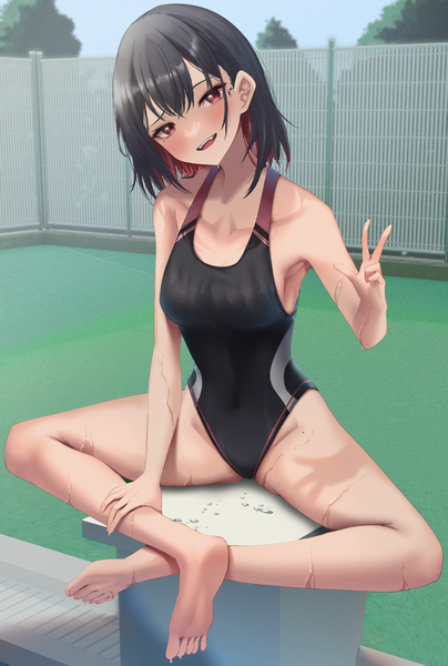 Anime picture 2280x3383 with original amane sora single tall image looking at viewer blush fringe highres short hair breasts open mouth light erotic black hair smile red eyes sitting full body bent knee (knees) outdoors head tilt