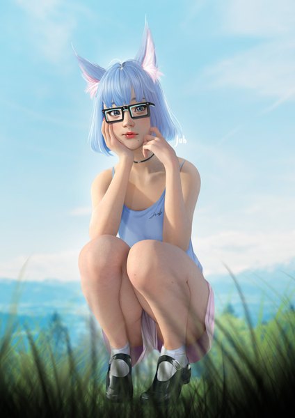 Anime picture 1240x1754 with original lizha (jubi) jubi (regiana) single tall image looking at viewer fringe short hair blue eyes light erotic bare shoulders signed blue hair sky full body realistic bare legs depth of field lipstick squat