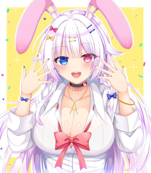 Anime picture 1225x1400 with original nao (naobinarydigit) single long hair tall image looking at viewer blush fringe breasts open mouth light erotic large breasts animal ears silver hair nail polish :d bunny ears heterochromia border outside border