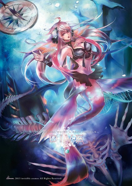 Anime picture 800x1132 with original ic-kaname single long hair tall image blush open mouth bare shoulders signed pink hair pink eyes inscription underwater bone (bones) girl hair ornament choker bubble (bubbles) mermaid compass