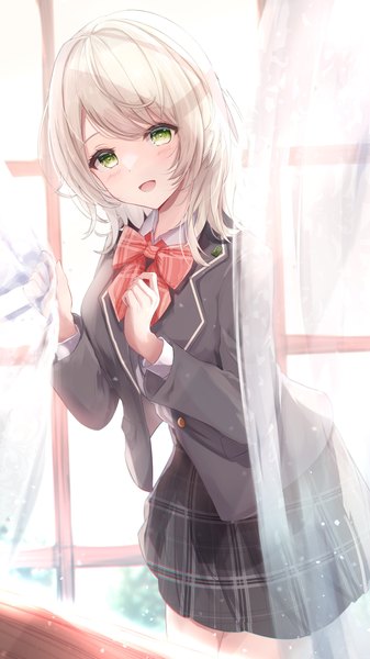 Anime picture 2302x4093 with original niko kusa single tall image looking at viewer highres short hair open mouth blonde hair green eyes :d girl uniform school uniform window curtains tulle