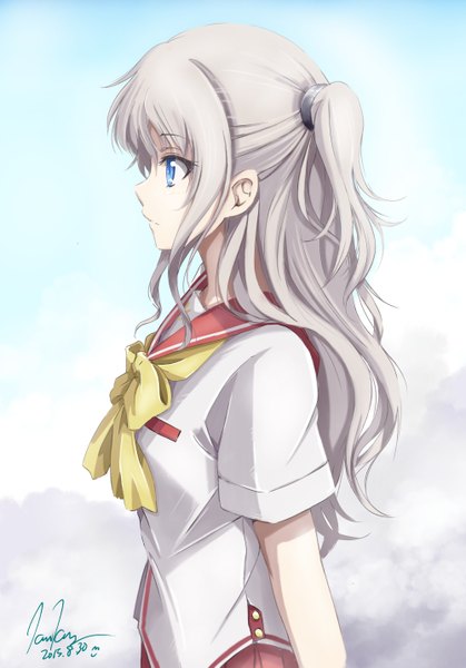 Anime picture 1000x1431 with charlotte p.a. works tomori nao kem kem single long hair tall image blue eyes signed looking away silver hair profile dated girl uniform serafuku