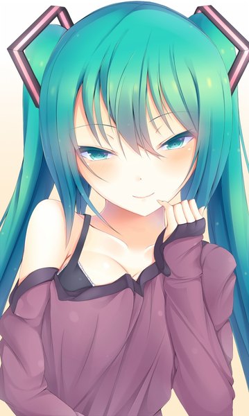 Anime picture 631x1054 with vocaloid hatsune miku kiseno single tall image looking at viewer blush light erotic twintails bare shoulders very long hair aqua eyes aqua hair girl hair ornament