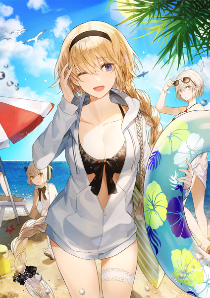 Anime picture 800x1132 with fate (series) fate/grand order jeanne d'arc (fate) (all) jeanne d'arc alter (fate) jeanne d'arc (swimsuit archer) jeanne d'arc alter santa lily (fate) kim eb tall image looking at viewer blush fringe short hair breasts open mouth blue eyes light erotic smile hair between eyes standing sitting