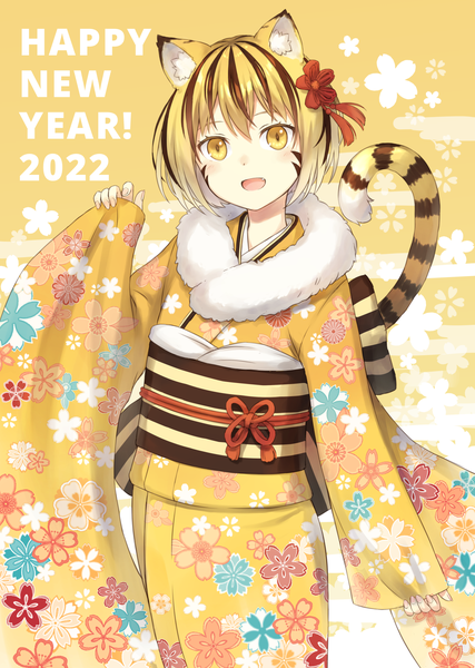 Anime-Bild 1280x1800 mit original 104 single tall image looking at viewer fringe short hair open mouth blonde hair hair between eyes animal ears yellow eyes tail traditional clothes :d japanese clothes animal tail multicolored hair streaked hair floral print