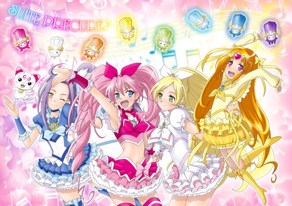 Anime picture 1920x1358 with precure suite precure toei animation seiren (suite precure) cure melody cure rhythm cure beat cure muse (yellow) long hair blush highres open mouth blue eyes blonde hair smile red eyes twintails multiple girls green eyes yellow eyes