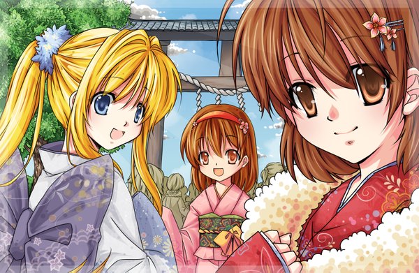 Anime picture 1630x1063 with clannad air kanon key (studio) kamio misuzu furukawa nagisa tsukimiya ayu yui (daijun) long hair short hair open mouth blue eyes blonde hair smile brown hair multiple girls brown eyes traditional clothes japanese clothes girl