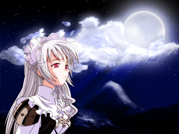 Anime picture 1280x960 with shaman king xebec iron maiden jeanne long hair red eyes looking away cloud (clouds) white hair night night sky mountain girl dress moon star (stars)
