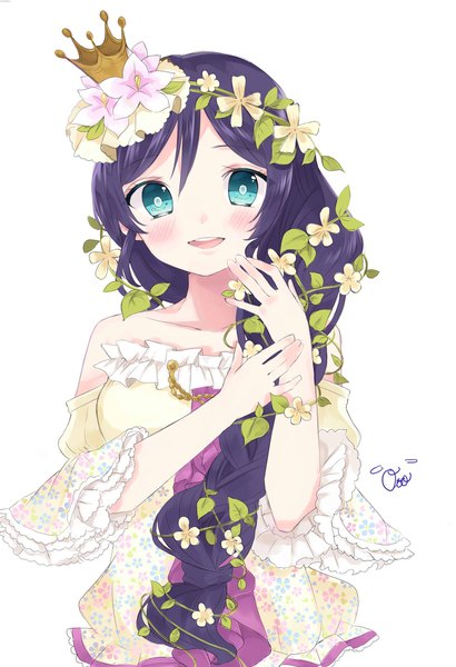 Anime picture 1401x2048 with love live! school idol project sunrise (studio) love live! toujou nozomi oto (piiko) single long hair tall image looking at viewer blush fringe open mouth simple background hair between eyes white background upper body braid (braids) hair flower aqua eyes single braid