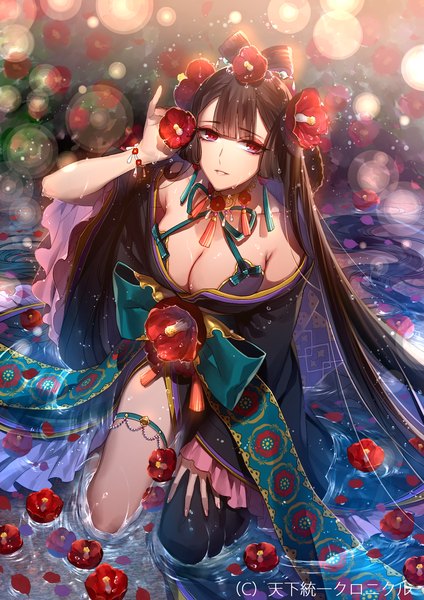 Anime picture 1446x2046 with unification chronicle tayuya1130 single tall image fringe breasts open mouth light erotic red eyes brown hair sitting bare shoulders looking away cleavage very long hair traditional clothes japanese clothes hair flower wide sleeves wet
