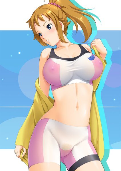 Anime picture 1406x1989 with mobile suit gundam gundam build fighters sunrise (studio) hoshino fumina dragon@harry single long hair tall image blush breasts blue eyes light erotic blonde hair large breasts looking away ponytail midriff girl navel uniform